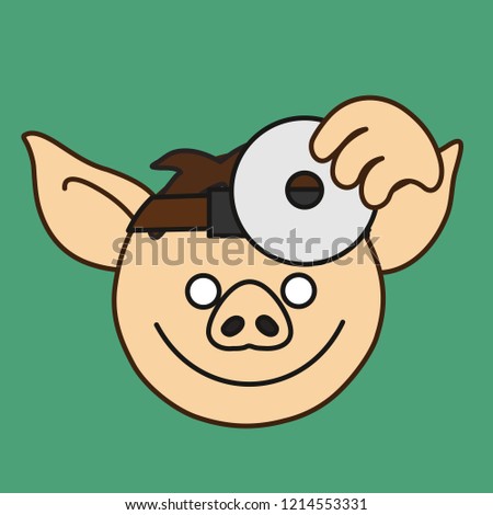 emoji with pig ENT phisician or ear, nose & throat medical doctor that prepares his head mirror device to examine & diagnose patient, simple hand drawn emoticon, simplistic colorful picture