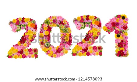 Inscription 2021 from fresh flowers isolated on white background. Happy New Year Concept.With clipping path