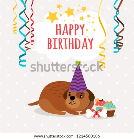 Happy birthday card with cute dog, cupcakes and serpentine, illustration