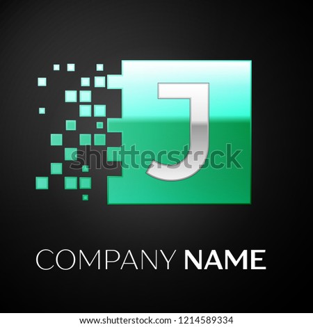 Silver Letter J logo symbol in the green colorful square with shattered blocks on black background