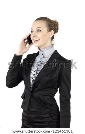 portrait picture of a business woman talking on the phone on white background