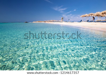Elafonissi beach on Crete island with azure clear water, Greece, Europe. Crete is the largest and most populous of the Greek islands.  Royalty-Free Stock Photo #1214617357