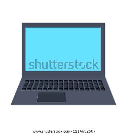 Laptop template in trandy paper cut style. Electronic device whith blue screen. Vector card illustration in papercutting art style.