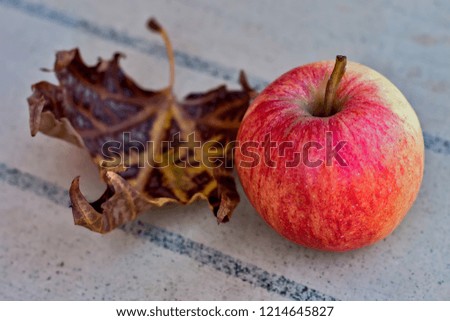 Red apple and dry leaf on the table