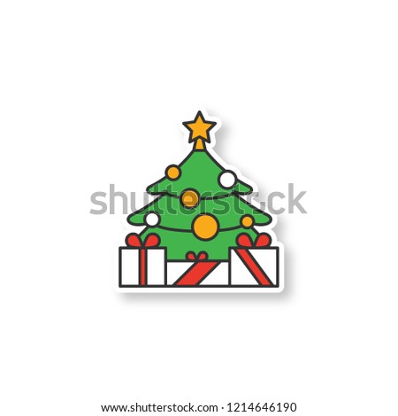 New Year tree with star and gifts patch. Decorated Christmas tree with presents. Color sticker. Vector isolated illustration