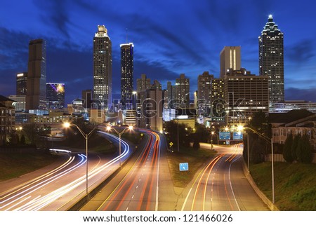 Atlanta. Image of the Atlanta skyline during twilight blue hour.