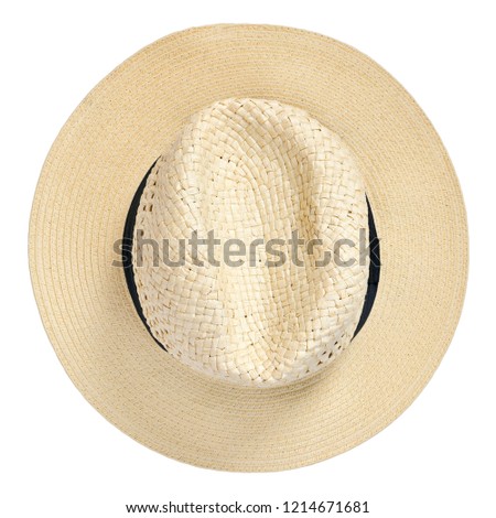 Panama hat, traditional summer hat with black hatband or ribbon, isolated on white background. Cut out object with top view or high angle view. Royalty-Free Stock Photo #1214671681