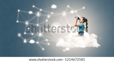 Cute smiling kid girl on cloud presenting social connection concept