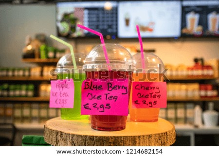 Set of ice teas on display for sale and pricing