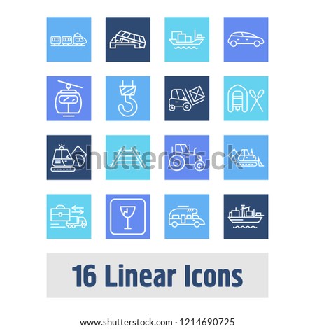 Cargo icon set and forklift with cargo barge, tractor and cable car. Bulldozer related cargo icon vector for web UI logo design.