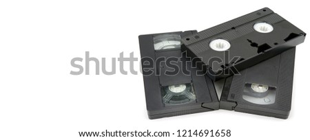 VHS video tape cassette isolated on white background. Wide photo. Free space for text