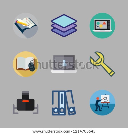 gray icon set. vector set about wrench, laptop, virtual reality and blinder icons set.
