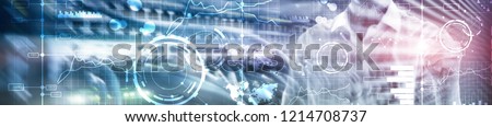 Business digital interface with graphs, charts, icons and timeline on blurred background. Website header banner. Royalty-Free Stock Photo #1214708737