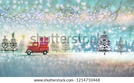 Gift Box on Red Toy Car Background on Christmas Day
