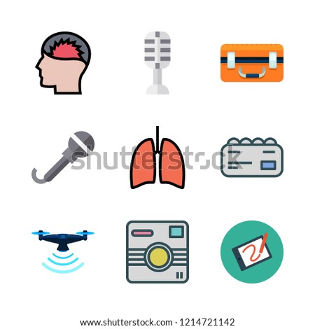 professional icon set. vector set about lungs, microphone, headache and tablet icons set.
