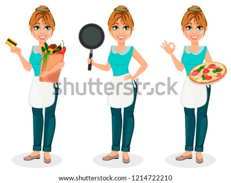 Happy housewife. Cheerful mother, beautiful woman, set of three poses. Cartoon character holds bag with food, holds frying pan and holds pizza. Vector illustration on white background.