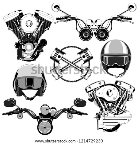 Set of vector images of motorcycle engines, helmet, pistons, moto steering wheels on a white background.