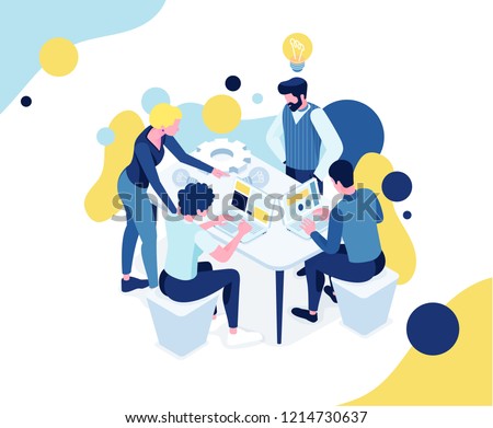 vector business illustration. A creative team of people working on a project, a team analytic brainstorming method. Teamwork at the idea. 3d vector isometric stylish graphics for banners and advertisi Royalty-Free Stock Photo #1214730637