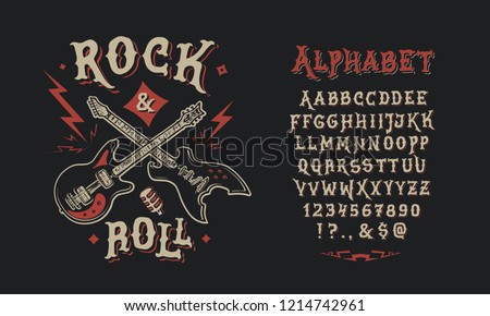 Font Rock & Roll. Hand crafted retro vintage typeface design. Handmade  lettering. Authentic handwritten graphic alphabet. Vector illustration old badge label logo template. Royalty-Free Stock Photo #1214742961
