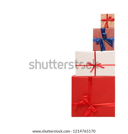 Gift boxes on white background.  Cute gift boxes on white background. Cute gift boxes with bow. Christmas gift boxes.