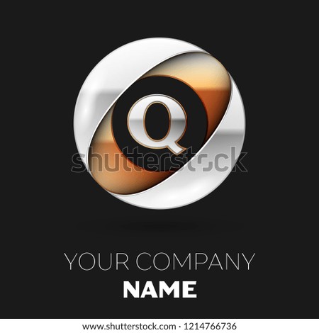 Realistic Golden Letter Q logo symbol in the silver-golden colorful circle shape on black background. Vector template for your design