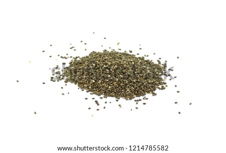 Chia seeds isolated on white background. heap of natural black chia seeds vegan gluten-free organic, healthy diet vegetarian superfood with antioxidant, omega-3, protein, mineral nutrients.