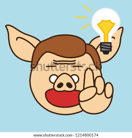 emoji with light bulb emoticon with smiling pig guy that just got an idea pointing his finger up with the "aha!" expression on his face, vector emoji drawn by hand in color
