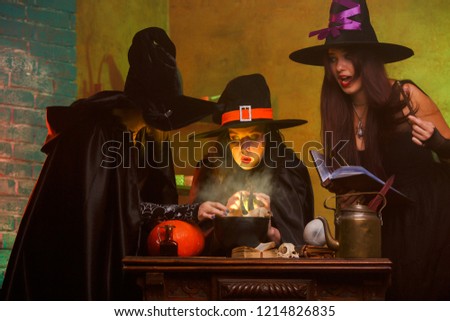 Picture of three witches in hats and dresses preparing poison on cauldron