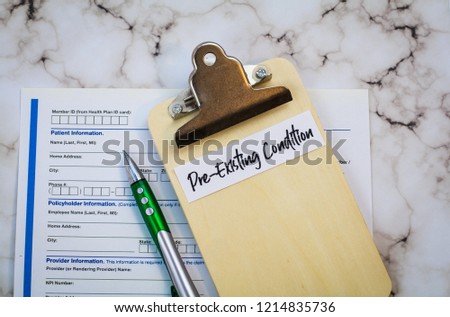 Pre-Existing Condition healthcare concept in USA, flat lay Royalty-Free Stock Photo #1214835736