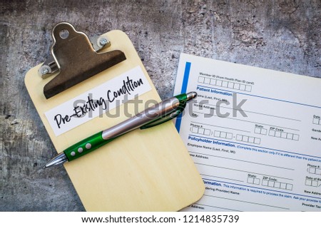 Pre-Existing Condition healthcare concept in USA, flat lay Royalty-Free Stock Photo #1214835739