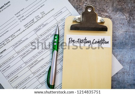 Pre-Existing Condition healthcare concept in USA, flat lay Royalty-Free Stock Photo #1214835751