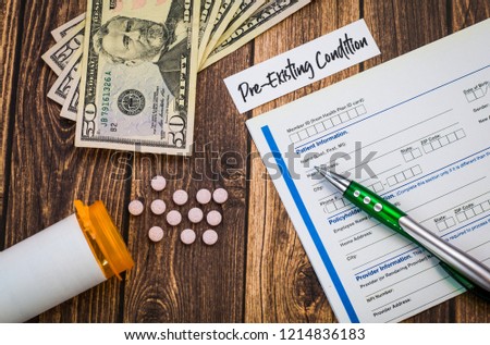 Pre-Existing Condition healthcare concept in USA, flat lay Royalty-Free Stock Photo #1214836183