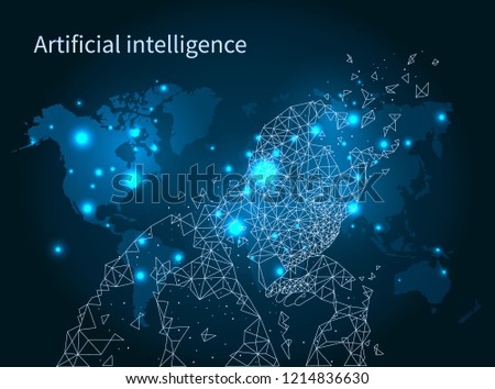 Artificial intelligence map network poster with text and person outline vector. Smart clever intellect of robot or cyborg. Brain resembling human mind