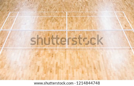 wooden floor badminton court and nets. Wooden floor of sports hall with marking lines line on wooden floor indoor, gym court