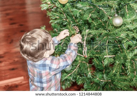 A tender blond boy places a decorative object on a large decorated Christmas tree in the living room of his home