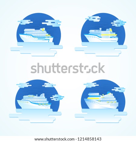 Set of colored round icons with cruise ships.
