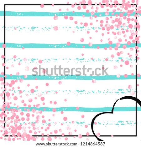 Wedding glitter confetti with dots on turquoise stripes. Falling sequins with glossy sparkles. Design with pink wedding glitter for party invitation, event banner, flyer, birthday card.