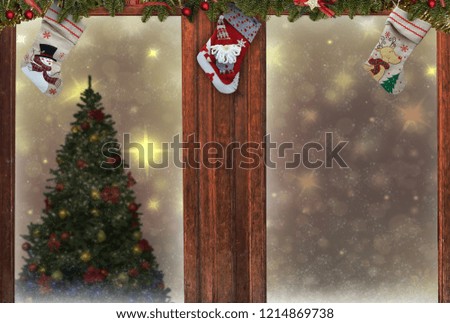 Christmas stockings window,tree decorations,snow background for greeting card space for text