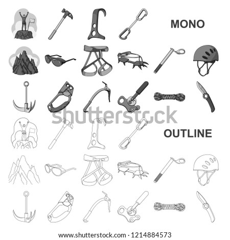 Mountaineering and climbing monochrom icons in set collection for design. Equipment and accessories vector symbol stock web illustration.