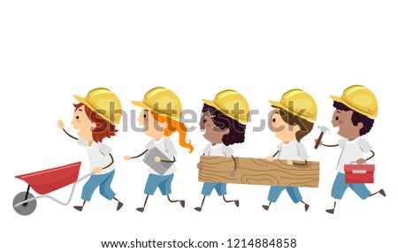 Illustration of Stickman Kids Wearing Yellow Construction Hard Hat and White Shirt Going Forward with Wheelbarrow, Clipboard, Wood and Toolbox