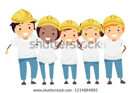 Illustration of Stickman Kids Wearing White Shirts and Yellow Hard Hats