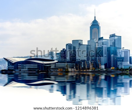 Hong Kong cityscape with reflections at victoria harbor