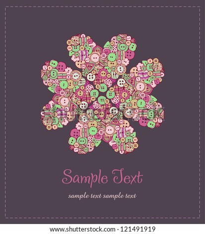 Illustrated floral text background. Illustration of flower with buttons and sample text. Template for design greeting card, cover, package, scrapbooking