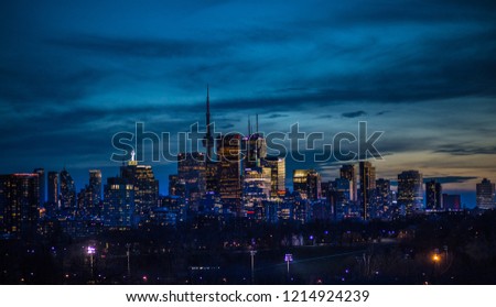 Toronto skyline at dusk. 