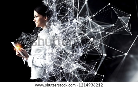 Woman using tablet device