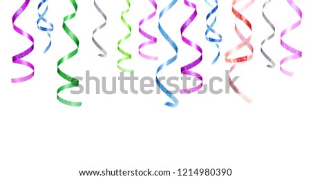 Party serpentine  isolated on white background. Yellow, green, red, silver, gold and  blue hanging curling ribbons as decor elements
