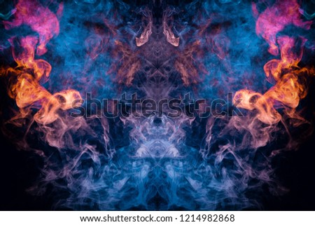Fluffy Puffs red,  blue and pink smoke and Fog in the form of a skull, monster, dragon  on Black Background. Fantasy print for clothes: t-shirts, sweatshirts.
