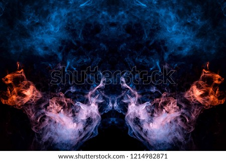 Orange, red  and blue cloud of smoke of  black isolated background in the form of a skull, monster, dragon on a black isolated background. Mocap for cool t-shirts
