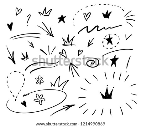 Swishes, swoops, emphasis doodles. Highlight text elements, calligraphy swirl, tail, flower, heart, graffiti crown. Royalty-Free Stock Photo #1214990869