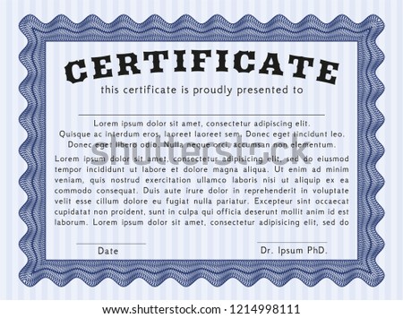 Blue Diploma template or certificate template. Money design. Vector illustration. With linear background. 